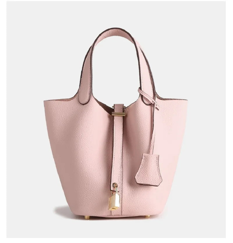 Textured Leather Bucket Bag with Gold-Tone Lock Closure