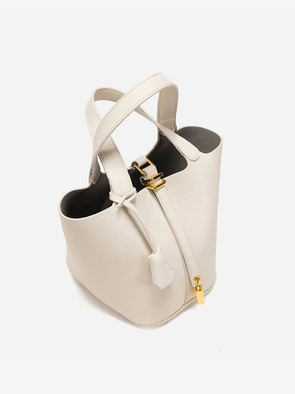 Textured Leather Bucket Bag with Gold-Tone Lock Closure