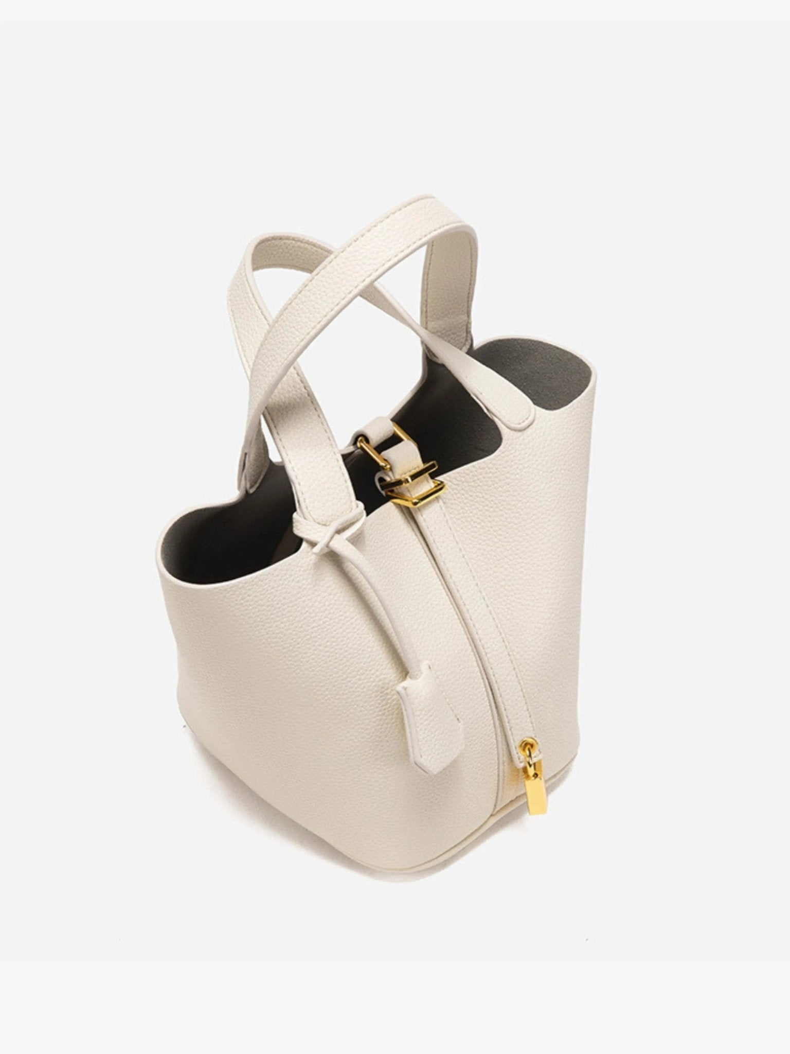 Textured Leather Bucket Bag with Gold-Tone Lock Closure