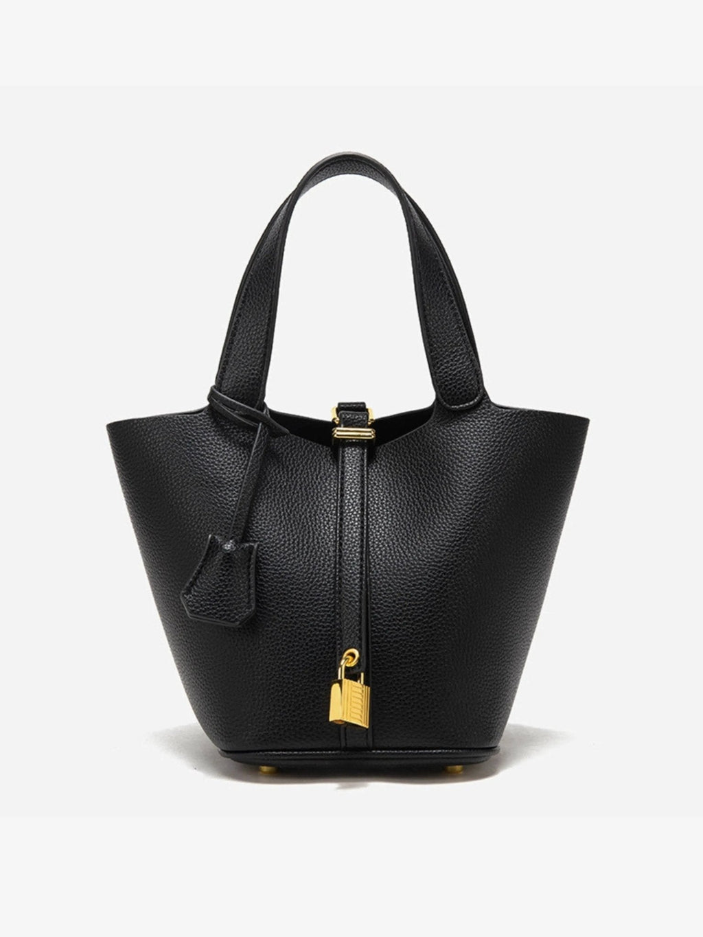 Textured Leather Bucket Bag with Gold-Tone Lock Closure