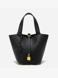 Textured Leather Bucket Bag with Gold-Tone Lock Closure