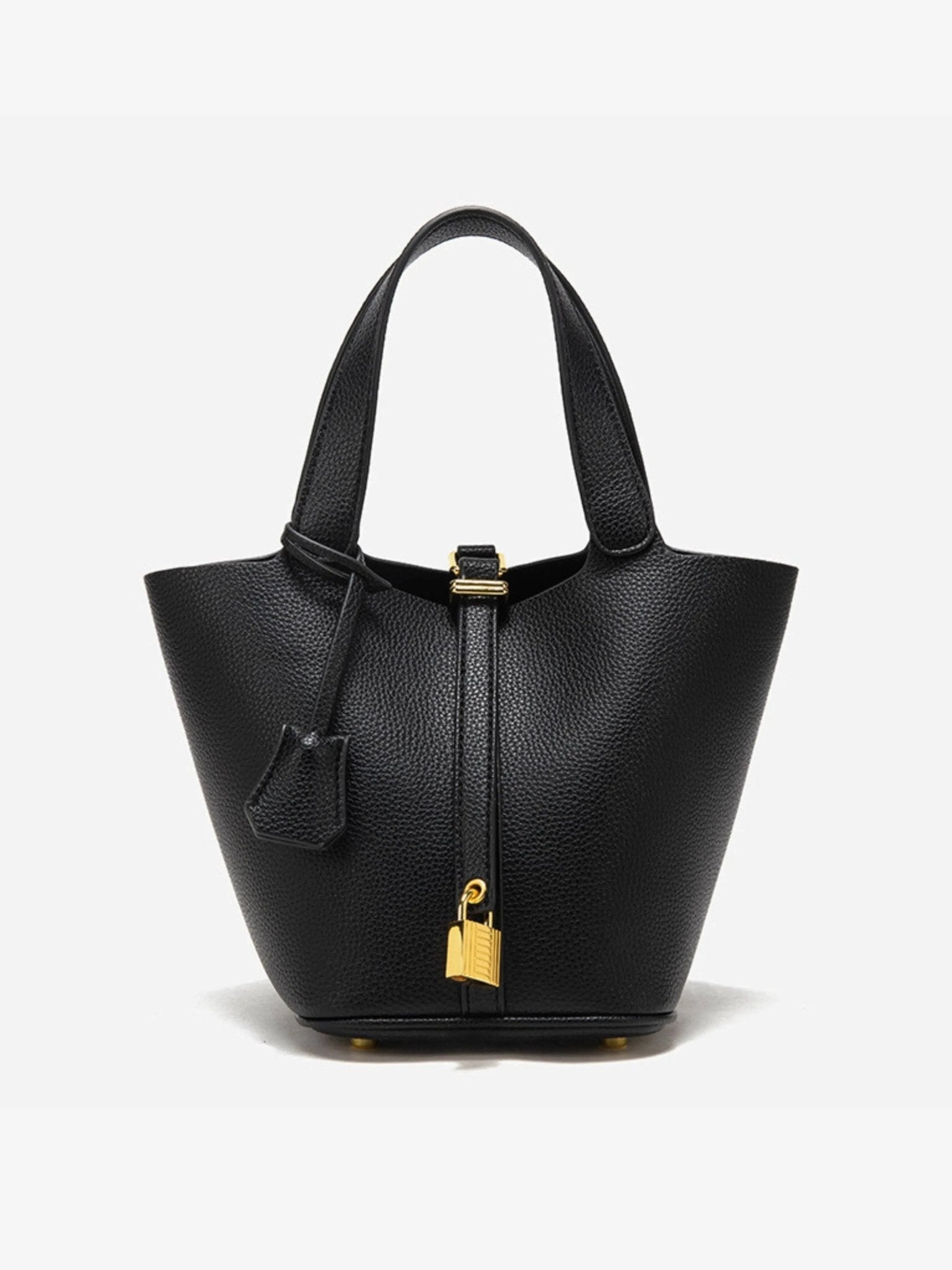 Textured Leather Bucket Bag with Gold-Tone Lock Closure