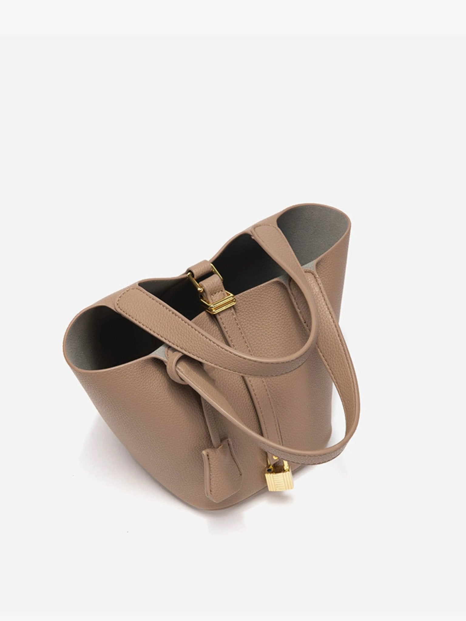 Textured Leather Bucket Bag with Gold-Tone Lock Closure