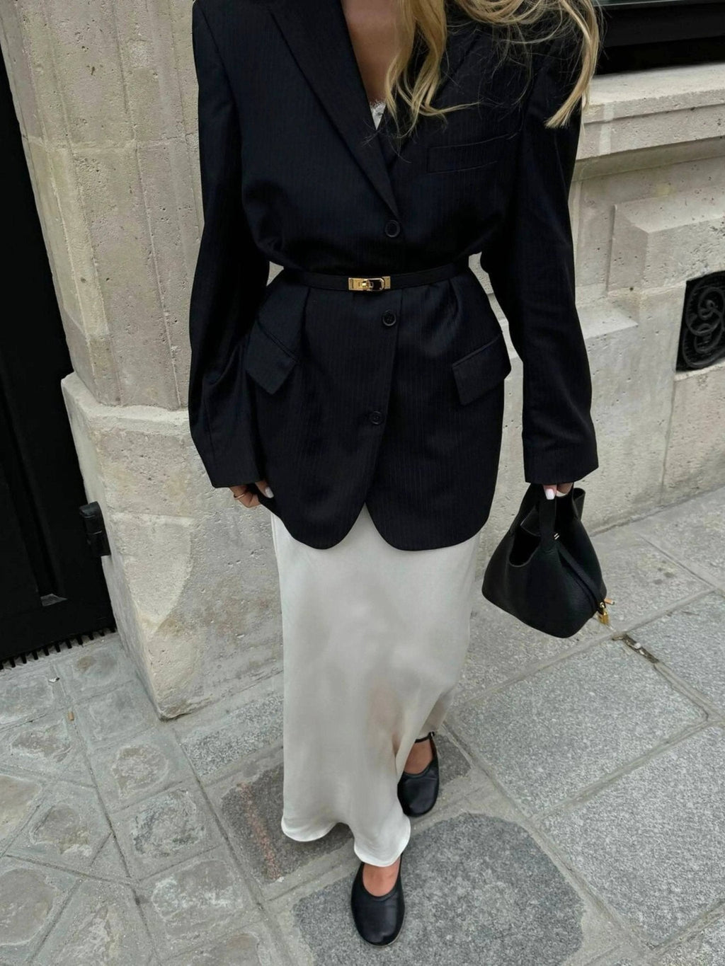 Textured Leather Bucket Bag with Gold-Tone Lock Closure