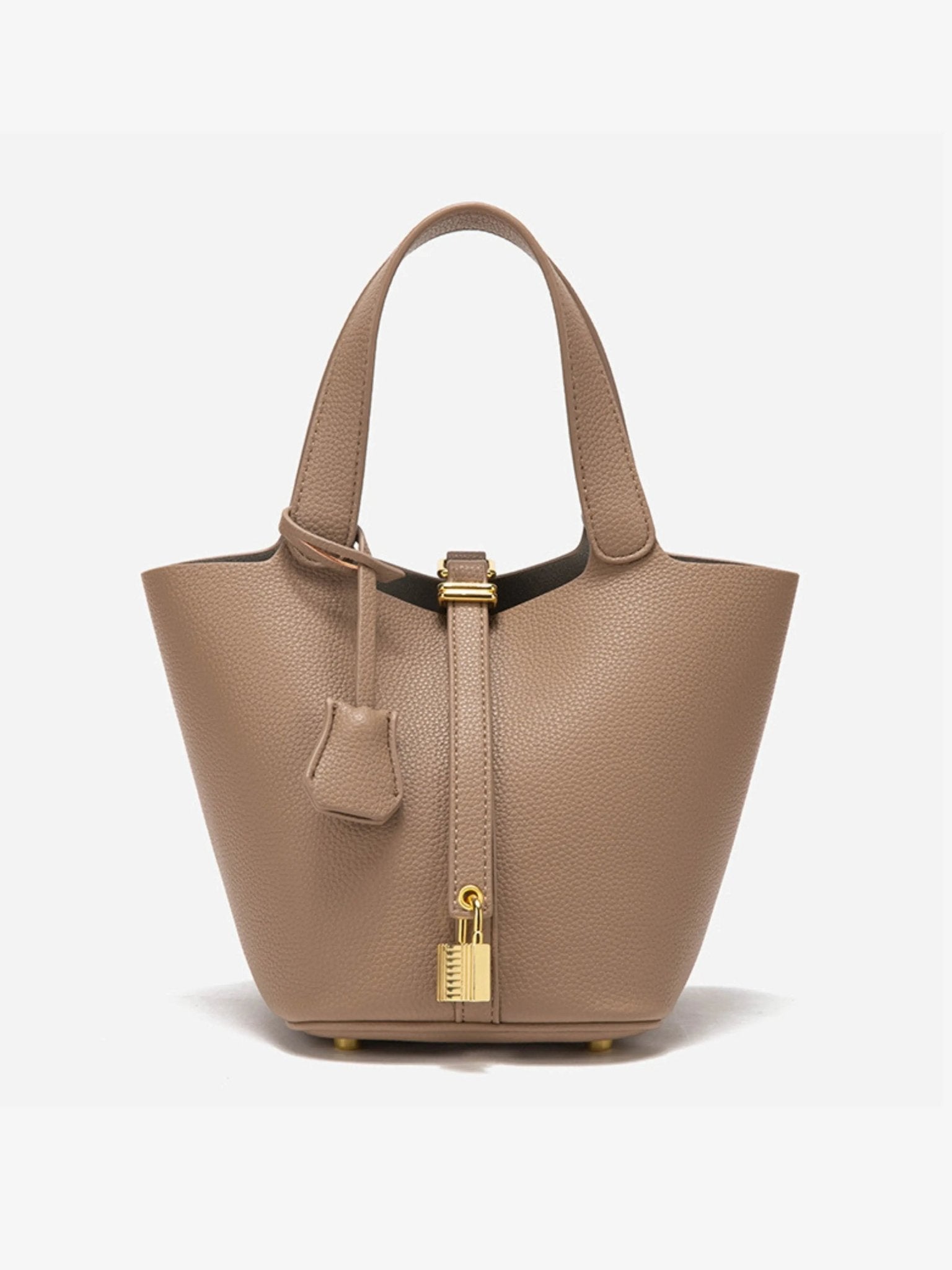 Textured Leather Bucket Bag with Gold-Tone Lock Closure