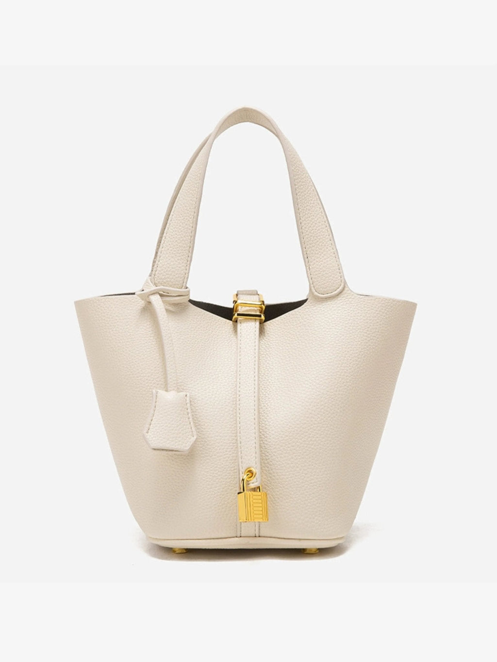 Textured Leather Bucket Bag with Gold-Tone Lock Closure