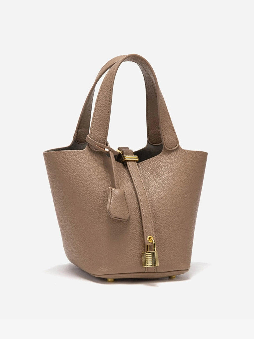 Textured Leather Bucket Bag with Gold-Tone Lock Closure