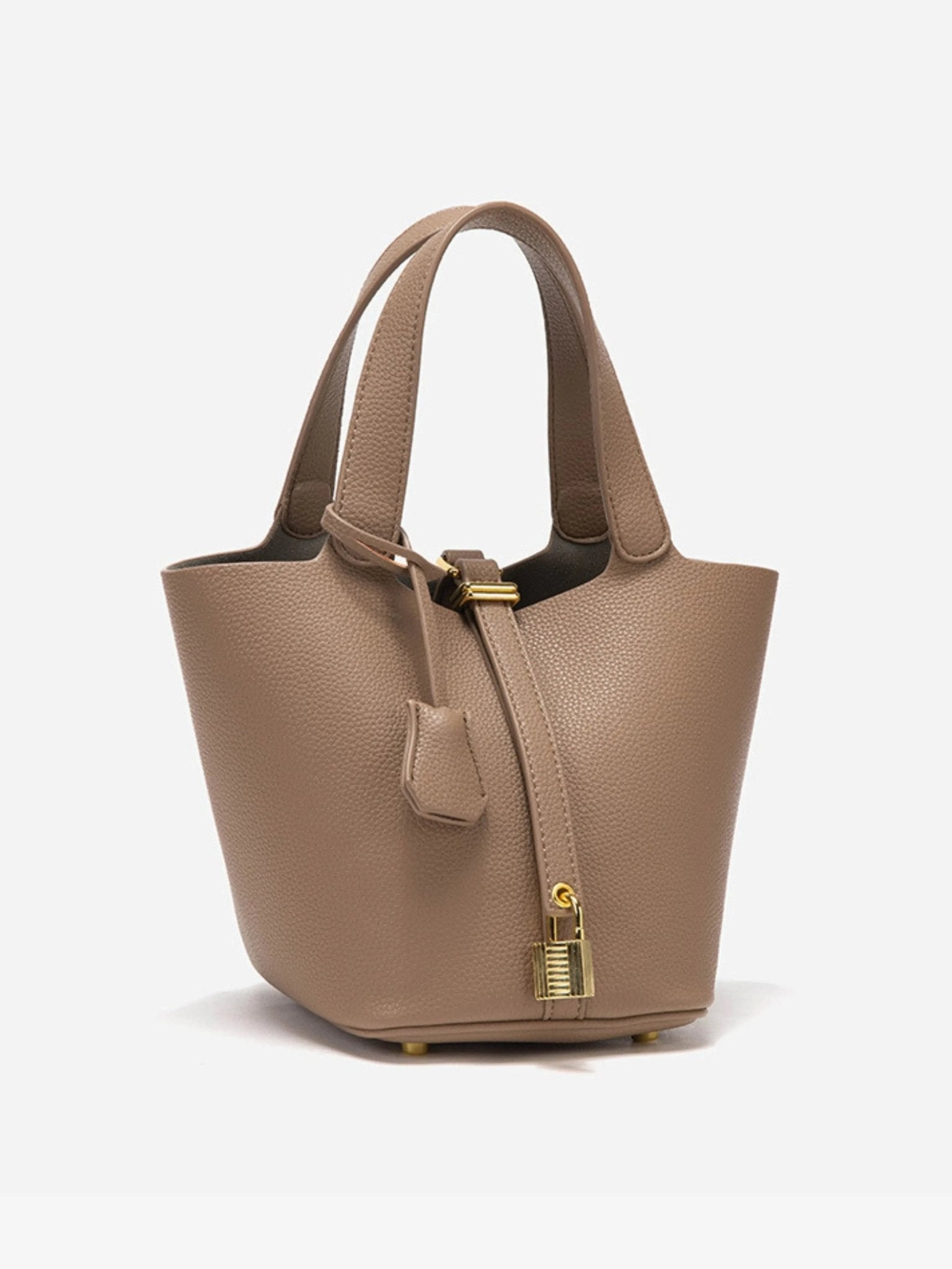 Textured Leather Bucket Bag with Gold-Tone Lock Closure